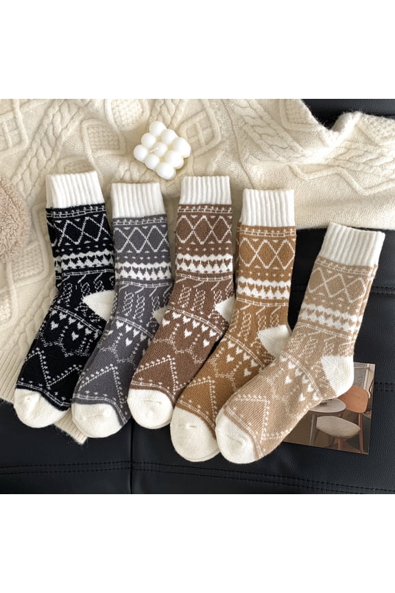 5-Pair Pack of Women's Warm Winter Socks - Diamond Pattern Terry Cloth Warm Mid-Calf Socks, Suitable for Cold Weather, Outdoor Activities, and Everyday Wear