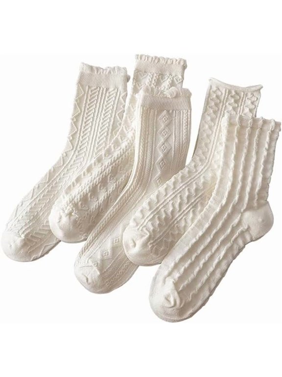 5 Pair White Cute Ankle Socks for Women Coquette Cable Knit Long Cotton Lace Ruffle Frilly Cottagecore FLoral Socks
