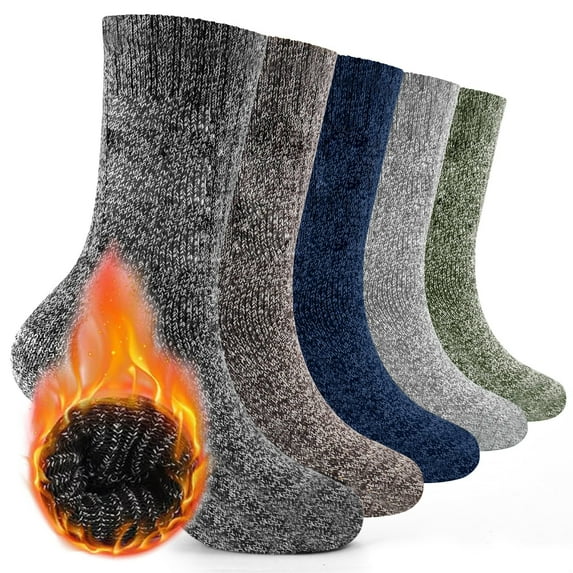 5 Pair Winter Wool Hiking Socks Soft Comfy, Ribbed Cuff, Thick Toe - Men's Long-Sleeve Cotton Socks for Cold Weather