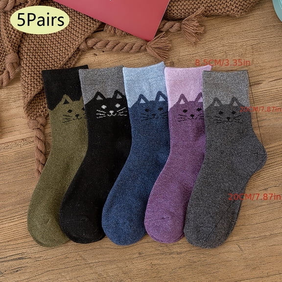 5-Pair Women's Wool Warm Socks - Thick and warm winter socks, cute cat pattern, multiple color combinations, 3-4 sizes (US size 5-10), hand wash/dry cleanable, elegant and comfortable autumn and wint