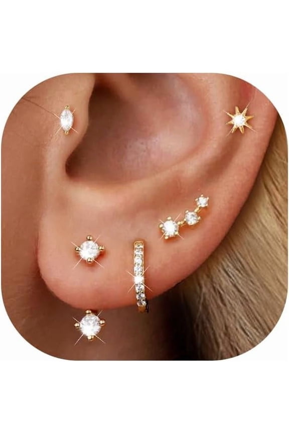 5 Pairs 14K Gold Plated Stud Earrings for Women, Hypoallergenic Cartilage Earrings for Multiple Piercing, Dainty Small Stackable Earrings Jewelry Set