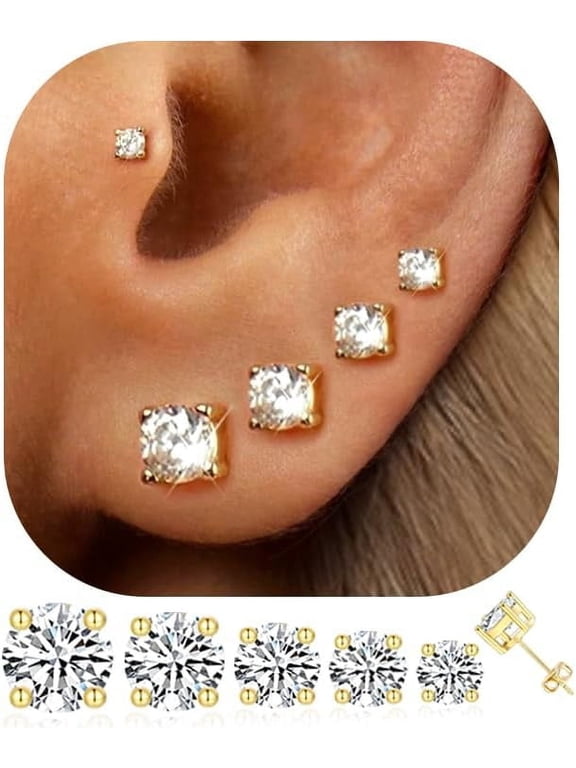 5 Pairs 14K Gold Plated Stud Earrings for Women, Hypoallergenic Earring Sets for Multiple Piercing, Premium Cubic Zirconia Studs Earrings for Women
