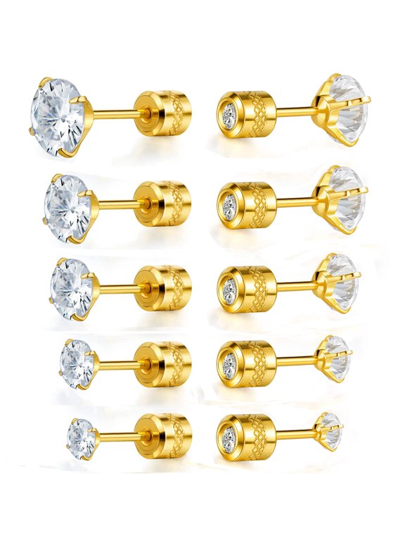 5 Pairs 316L Stainless Steel Screw Flat Back Earrings Cubic Zirconia Stud Earrings Titanium Earrings for Women Men