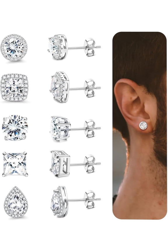 5 Pairs 316L Surgical Steel Cubic Zirconia Stud Earrings for Women Men Hypoallergenic CZ Earring Stacks Brilliant Simulated Diamond Square Round Teardrop Halo Earrings for Women Trendy