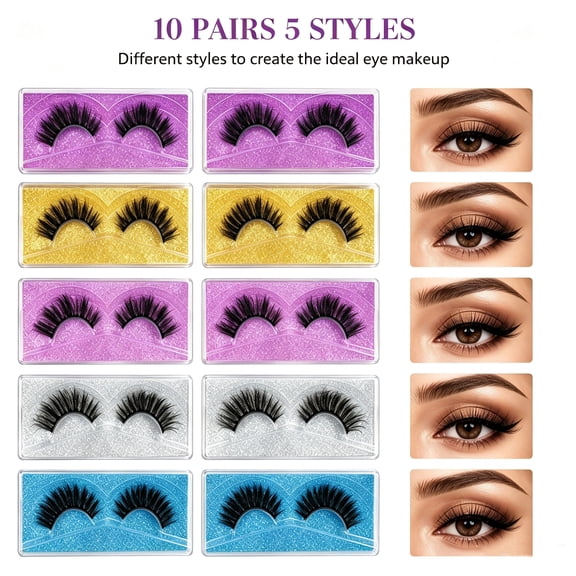10 Pairs 3D False Eyelashes, Lightweight Fluffy Lashes, 5 Styles Natural to Dramatic Look, Fake Eyelashes for Everyday Party Wedding
