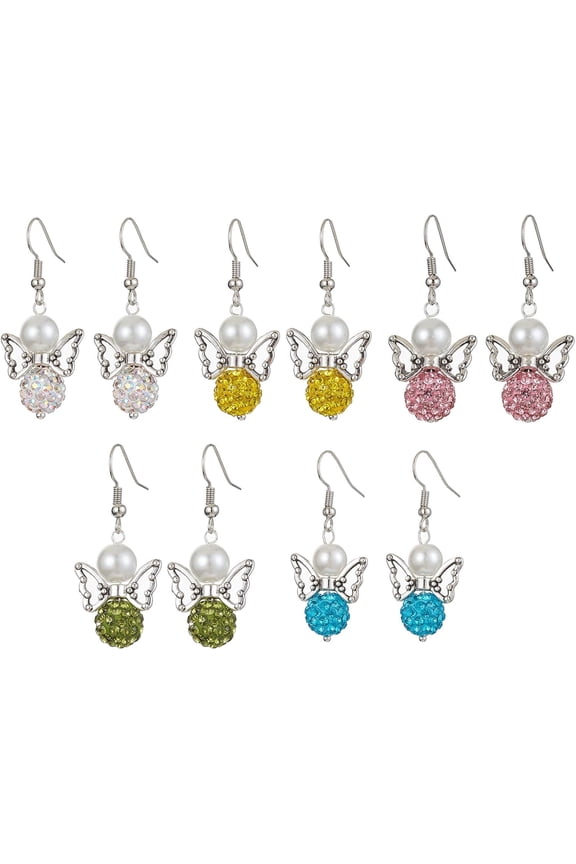 5 Pairs 5 Color Polymer Clay Rhinestone & Glass Pearl Beaded Dangle Earrings Angel Alloy Drop Earrings Mixed Color 42mm 1 Pair/color