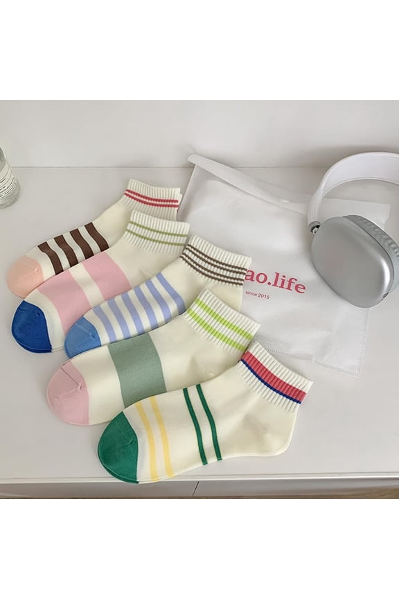 5 Pairs 5 Colors Cotton Stripe Socks for Women Mixed Color 245mm 1 pair/color handmade