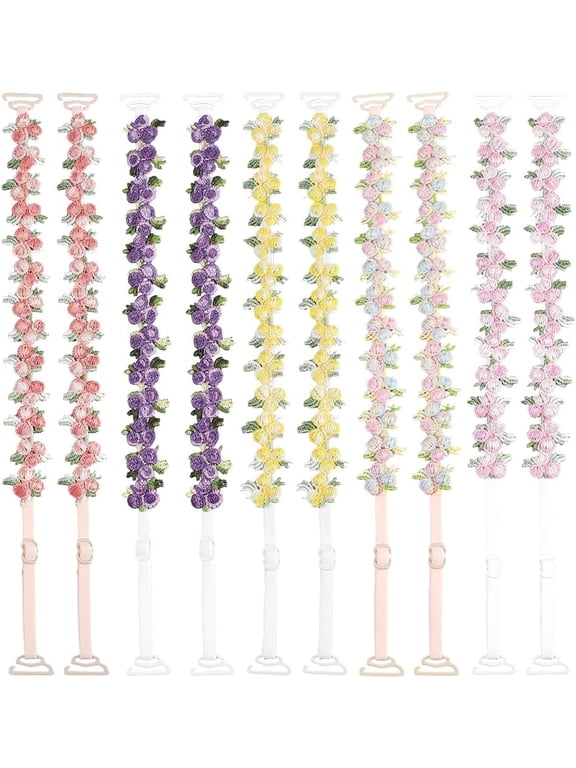 5 Pairs 5 Colors Embroidered Flower Lace Removable Decorative Bra Straps Floral Adjustable Replacement Polyester Shoulder Strap for Women Strapless Tops Dress Slipping Prevention Accessory