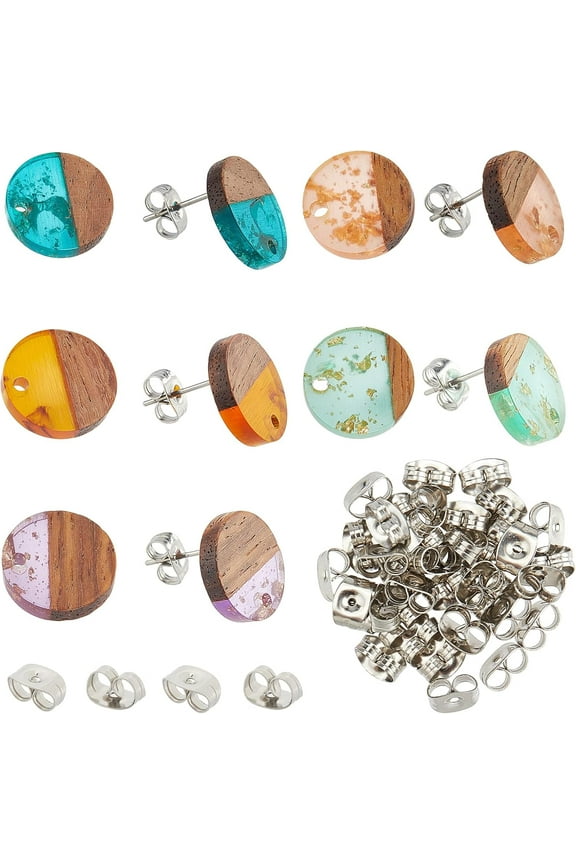5 Pairs 5 Colors Flat Round Resin Wood Stud Earring Wood Post Stud Earrings Wood Statement Jewelry Findings