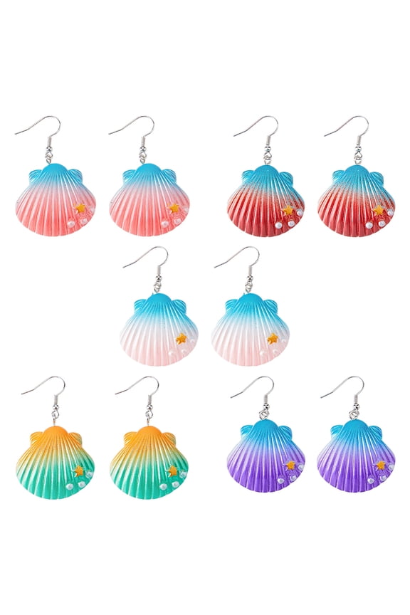 5 Pairs 5 Colors Shell Shape Resin Dangle Earrings with Iron Pins Mixed Color 48x32.5mm 1 Pair/color DIY