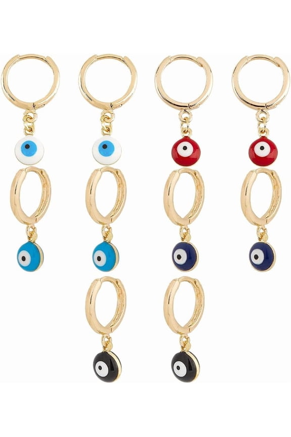 5 Pairs 5 colors Enamel Evil Eye Dangle Hoop Earrings golden Plated Brass Jewelry for Women Mixed color 23mm Pin: 1mm 1 Pair/color