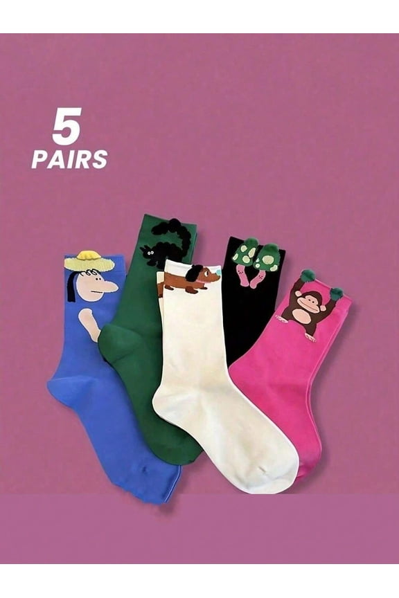 5 Pairs Artistic Animal Print Mid Socks - Renaissance Inspired Designs For Women And Teenagers, Comfortable Polyester/Spandex Stretch Fabric, Fashionable All-Season Choice