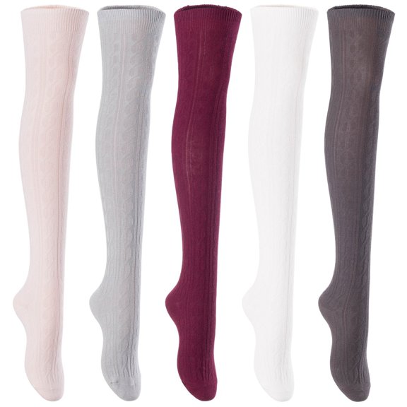 5 Pairs Awesome Durable Women Thigh High Cotton Boot Socks. Perfect As Winter & Spring Socks Size 6-9 Beige,LightGrey,Wine,Cream,DarkGrey T1024