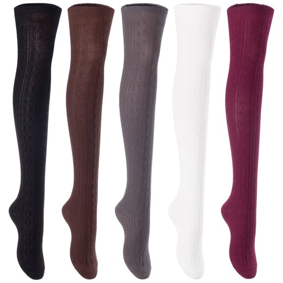 5 Pairs Awesome Durable Women Thigh High Cotton Boot Socks. Perfect As Winter & Spring Socks Size 6-9 Black,Coffee,DarkGrey,Cream,Wine T1024