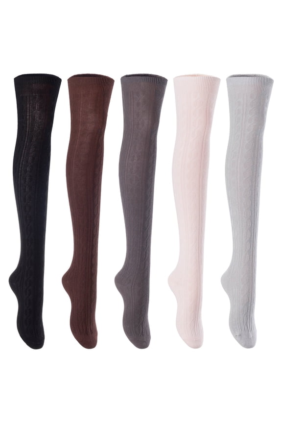 5 Pairs Awesome Durable Women Thigh High Cotton Boot Socks. Perfect As Winter & Spring Socks Size 6-9 T1024 Black,Coffee,Dark Grey, Beige,Grey