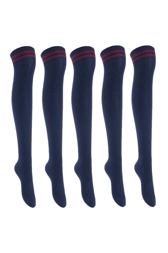 5 Pairs Awesome Women Thigh High Cotton Boot Socks. Durable Knee High Socks, Perfect As Winter & Spring Socks Size 6-9 Navy T1023-5p1c6