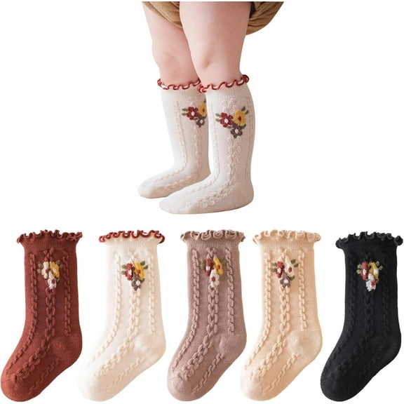 5 Pairs Baby Girls Knee High Socks Cotton Ruffle Frilly Flower Princess Dress Crew Long Stocking 0-5T Infants Kids