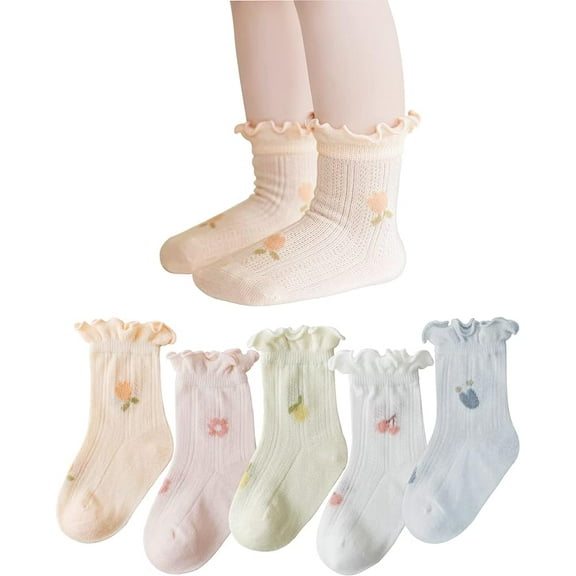 5 Pairs Baby Girls Socks Toddlers Ruffle Socks Girl's Frilly Dress Socks Baby Summer Mesh Socks Solid Crew Socks
