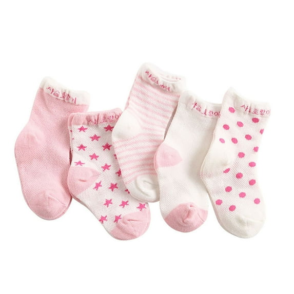 5 Pairs Baby Socks Summer Thin Printed Newborn Warm Breathable Elastic Cotton Socks, Pink, 0-1Y