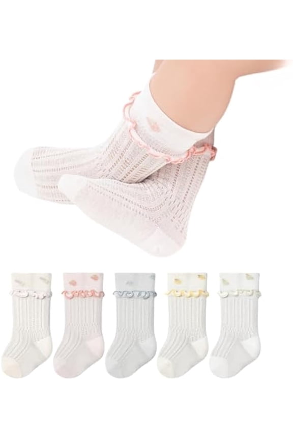 5 Pairs Baby Toddler Girls Princess Frilly Socks, Summer Ruffle Soft Cotton Thin Mesh Socks for Dress, 0~5T