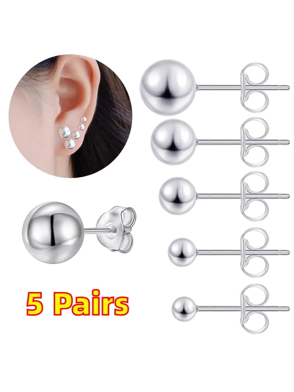 5 Pairs Ball Earrings for Women, Silver Ball Stud Earrings for Multiple Piercings Stud Earrings Set for Women Men