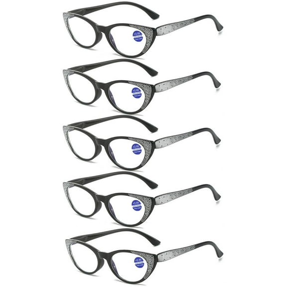 5 Pairs of Black Cat Eye Blue Light Blocking Reading Glasses 1.50 for Women Fashion Diamond Presbyopic Glasses Ladies Spring Hinges HD Readers +1.50 Strength