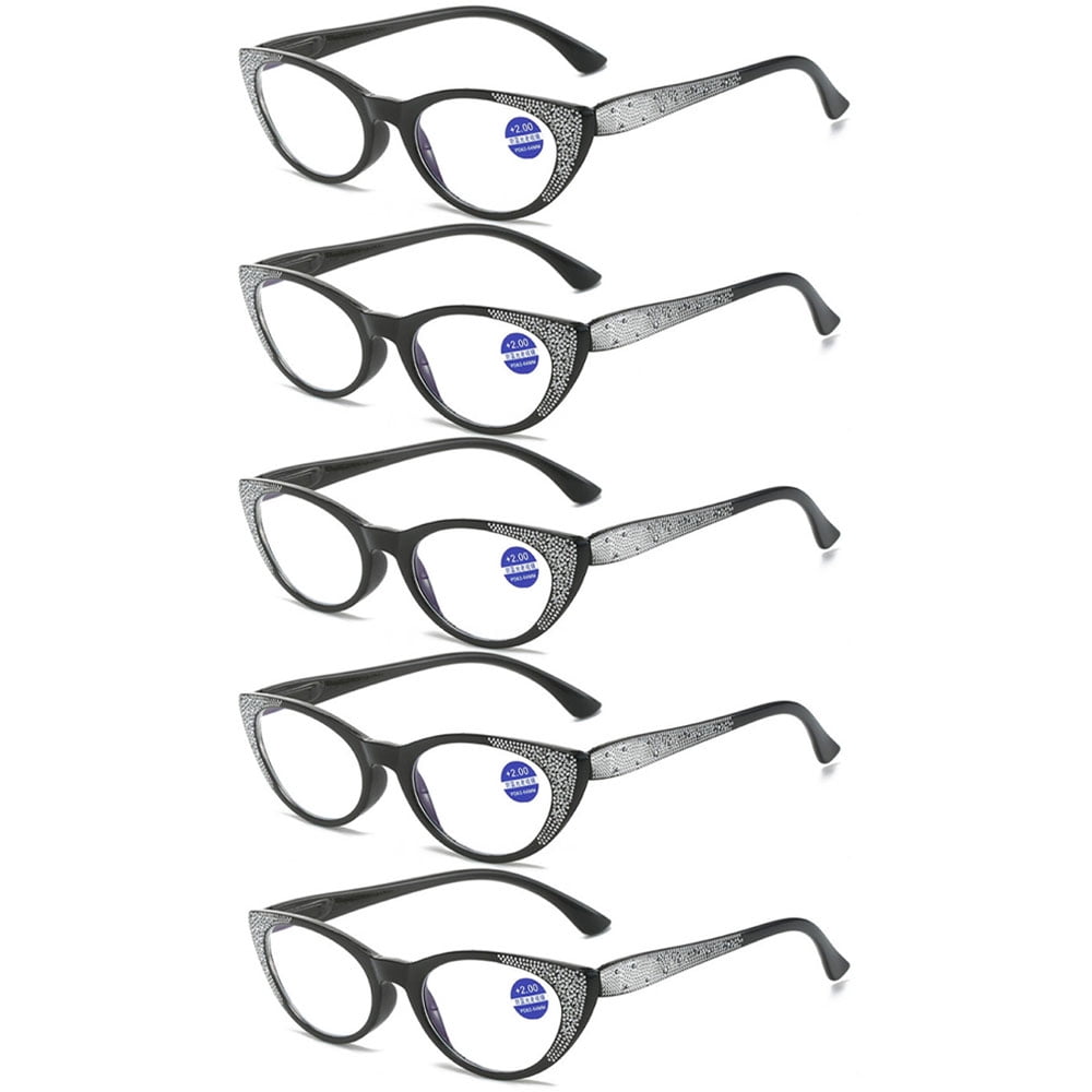 5 Pairs of Black Cat Eye Blue Light Blocking Reading Glasses 3.50 for Women Fashion Diamond Presbyopic Glasses Ladies Spring Hinges HD Readers +3.50 Strength