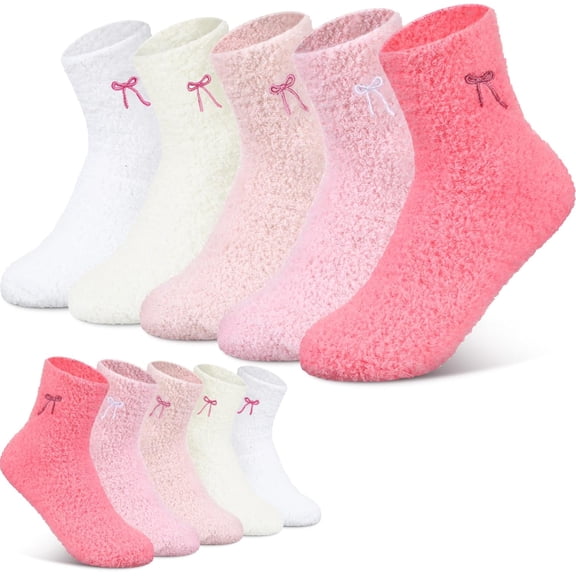 5 Pairs Bow Fuzzy Socks for Women Winter Warm Slipper Socks Plush Coral Fleece Gift for Christmas Spa Home Sleeping