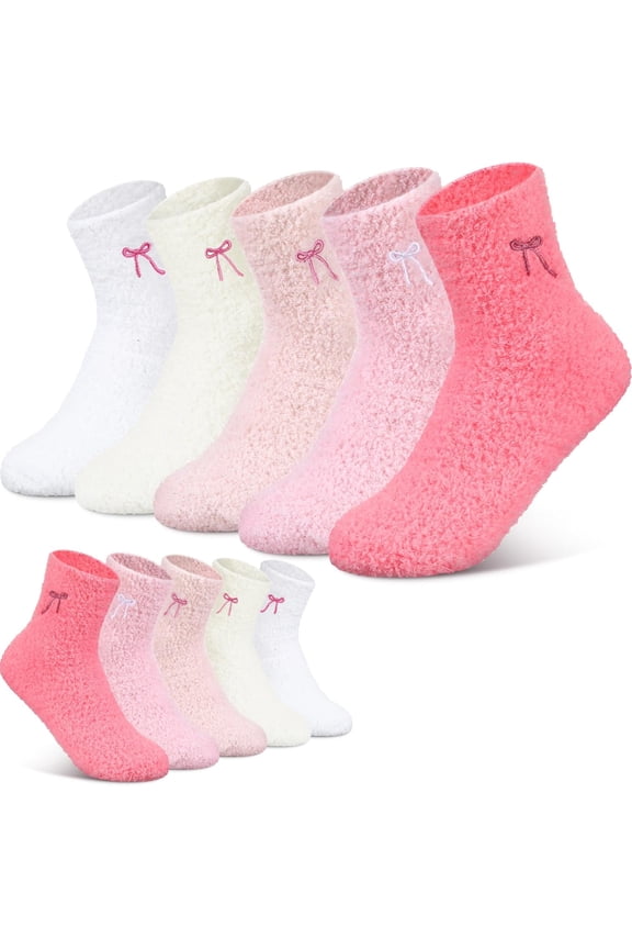 5 Pairs Bow Fuzzy Socks for Women Winter Warm Slipper Socks Plush Coral Fleece Gift for Christmas Spa Home Sleeping