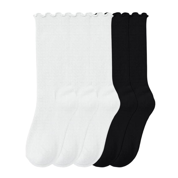 5 Pairs Boys Girls Solid Color Ankle Socks Ruffle Cuffs Soft Stretchy Socks Kids Comfy School Uniform Socks for Daily Wear Black 6-14 Years