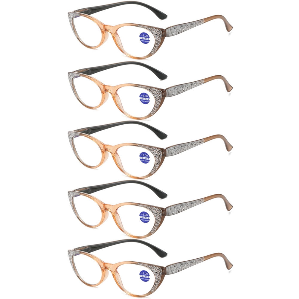 5 Pairs of Brown Cat Eye Blue Light Blocking Reading Glasses 4.00 or Women Fashion Diamond Presbyopic Glasses Ladies Spring Hinges HD Readers +4.00 Strength