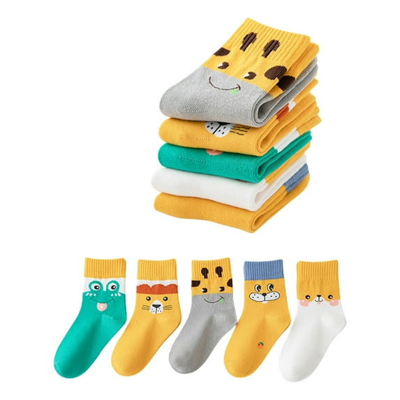 5 Pairs Calf Socks Combed Cotton for Kids Boys Girls Cartoon Pattern Multicolor Youth Sports Casual Breathable Socks