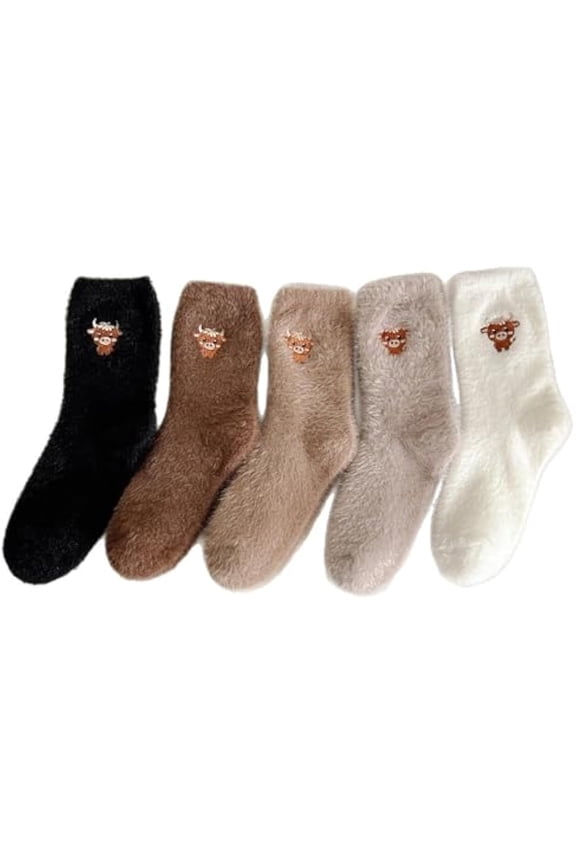 5 Pairs Cartoon Highland Cow Plush Socks,Cute Fuzzy Embroidery Highland Cow Socks,Stuff Fluffy Thick Holiday Sock(A)