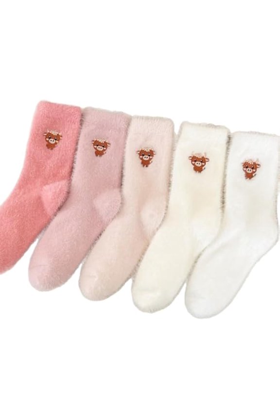 5 Pairs Cartoon Highland Cow Plush Socks,Cute Fuzzy Embroidery Highland Cow Socks,Stuff Fluffy Thick Holiday Sock(B)