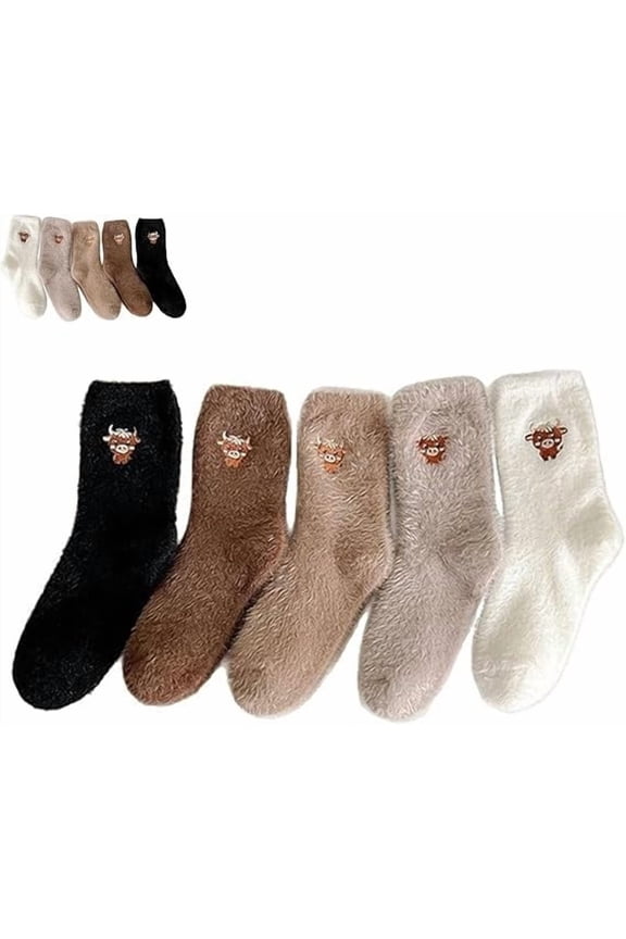 5 Pairs Cartoon Highland Cow Plush Socks, Soft Cute Fuzzy Embroidery Highland Cow Socks, Winter Warm for Women