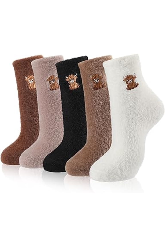 5 Pairs Cartoon Highland Cow Plush Socks, Winter Thick Warm Fuzzy Highland Cow Socks with Vintage Knitted Design(Q)
