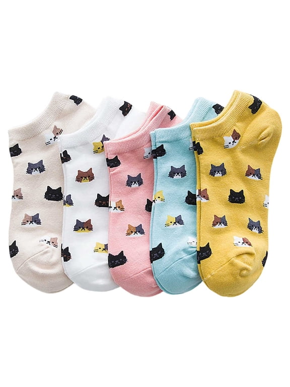 5 Pairs Cat Socks - Cute Cotton Novelty Funny Animal Fun Ankle Socks for Women Gifts