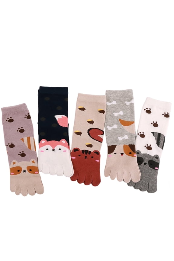5 Pairs Children Toe Socks Cotton Kids Five Finger Socks Cute Cartoon Animal Pattern Socks for Boys Girls 7-12 Years