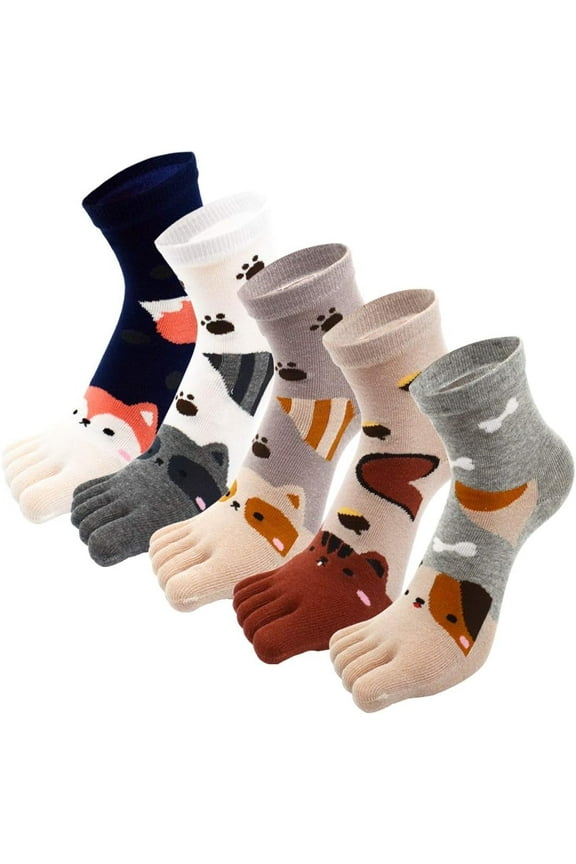 5 Pairs Children Toe Socks, Cute Cartoon Animal Pattern Socks Cotton Kids Five Finger Socks for Boys Girls 7-12 Years