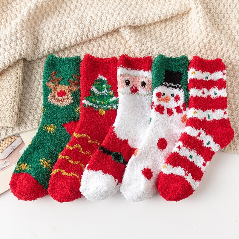 5 Pairs Christmas Socks, Warm Winter Socks, Christmas Tree Santa Claus ...
