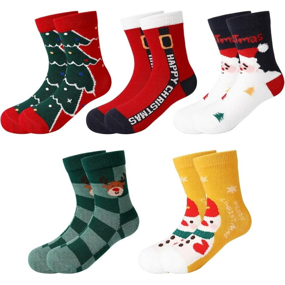 5 Pairs Christmas Socks for Kids, Colourful Xmas Socks Christmas Novelty Socks Funny Patterned Crew Socks Thermal Socks Christmas Gift, Age 9-12