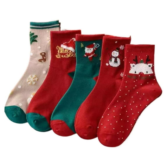 5 Pairs Christmas Socks for Women & Teens - Festive Holiday Crew Socks with Unique Patterns, Soft Cotton Gift Set for Xmas Party