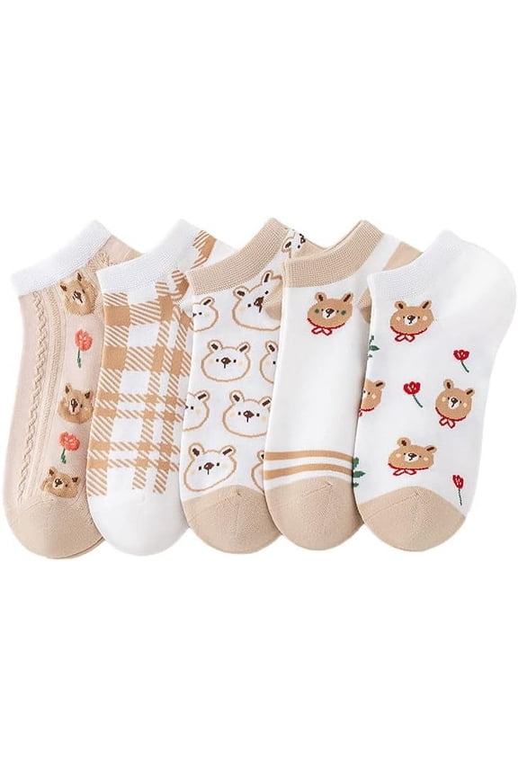 5 Pairs Combed Cotton Socks for Women with Cute Animals/Flowers Patterned Ankle Socks
