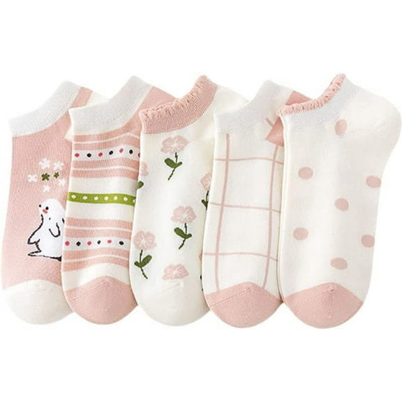 5 Pairs Combed Cotton Socks for Women with Cute Animals/Flowers Patterned Ankle Socks