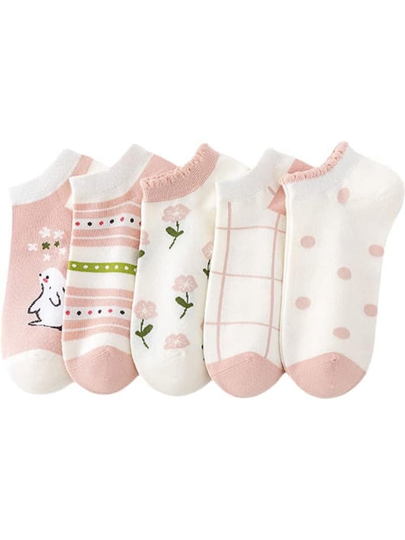 5 Pairs Combed Cotton Socks for Women with Cute Animals/Flowers Patterned Ankle Socks