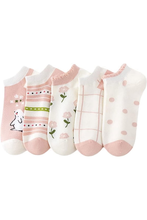 5 Pairs Combed Cotton Socks for Women with Cute Animals/Flowers Patterned Ankle Socks