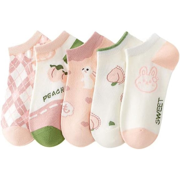 5 Pairs Combed Cotton Socks for Women with Cute Animals/Flowers Patterned Ankle Socks