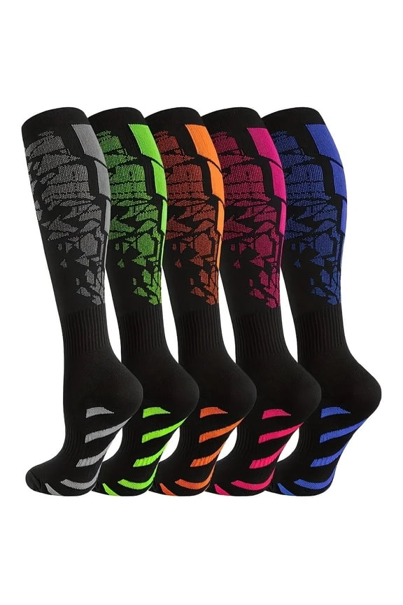 5 Pairs of Compression Socks for Men & Women, Non-Slip Cuff, Sweat-Wicking, Breathable, Striped, for Football, Running, Outdoor Activities, Perfect Gift