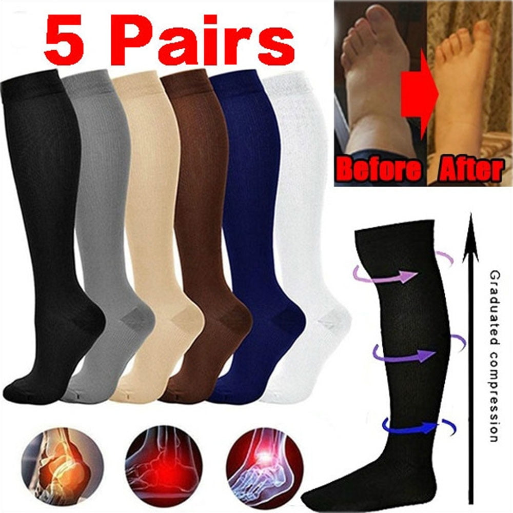 5 Pairs Compression Socks Women Men Pressure Varicose Veins Leg Relief Pain Knee High Stockings
