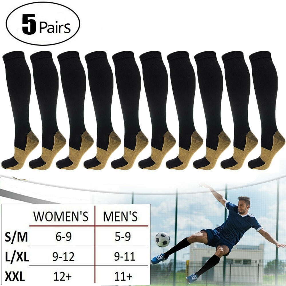 5 Pairs Copper Compression Socks 20-30mmHg Graduated Support Mens Womens Knee High Comfort Gym Stockings Leg Pain Relief Varicose Vein Relief Pain Support Socks S/M